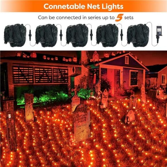 Halloween Net Lights, 200LED 8.4ft x 5.2ft Orange Bush Lights with 8 Modes - Picture 4 of 8